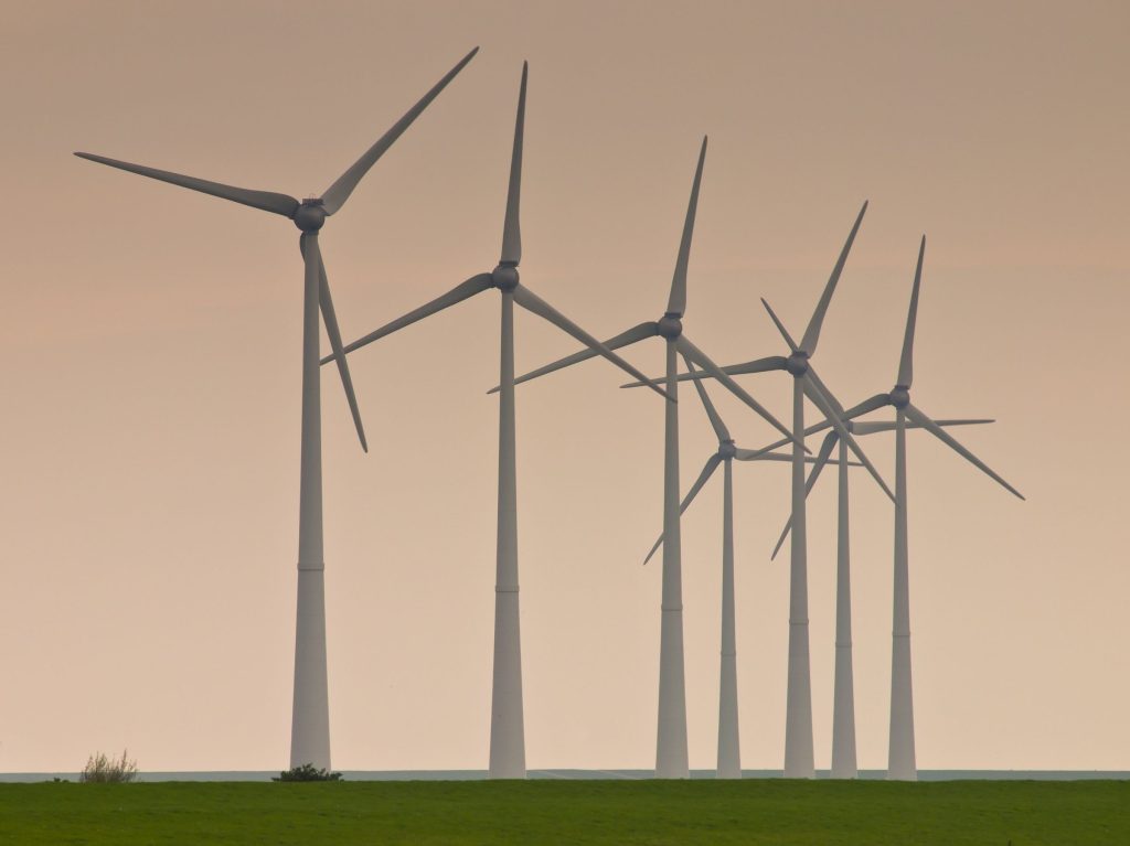 Row of wind turbines on a green field at dusk